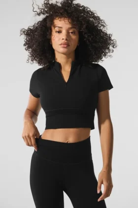 Naadloos, warm en zacht cropped shirt met korte mouwen voor de winter – Zwart