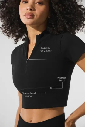 Naadloos, warm en zacht cropped shirt met korte mouwen voor de winter – Zwart