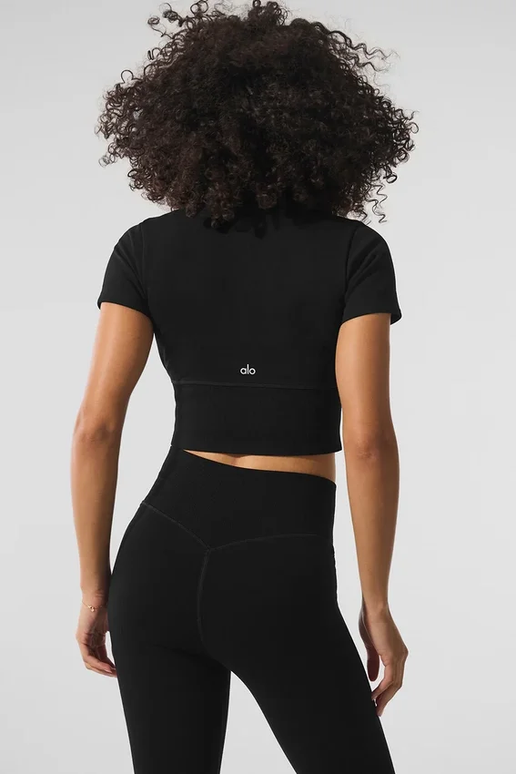 Naadloos, warm en zacht cropped shirt met korte mouwen voor de winter – Zwart