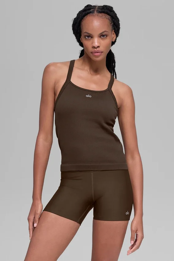 Naadloze geribbelde Favorite lange bh-tanktop - Espresso