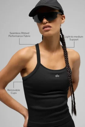 Naadloze geribbelde Favorite lange bh-tanktop – Zwart