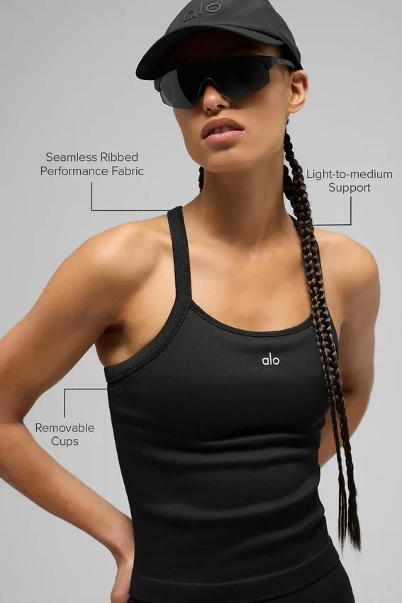 Naadloze geribbelde Favorite lange bh-tanktop - Zwart