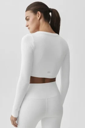 Naadloze geribde cropped Serene met lange mouwen – Wit