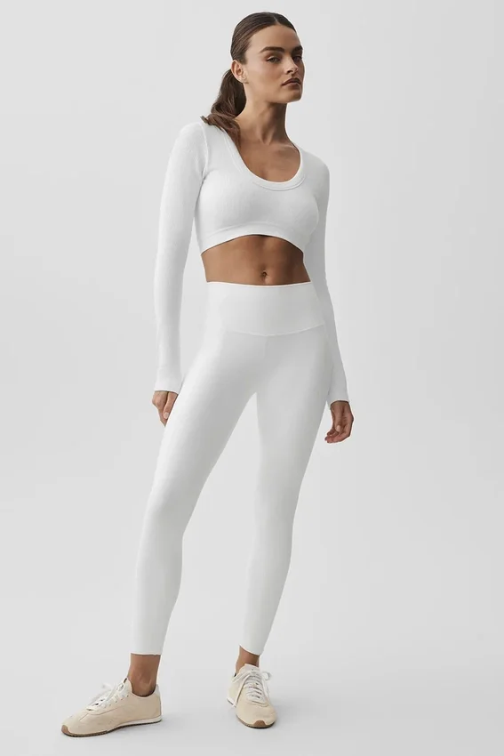 Naadloze geribde cropped Serene met lange mouwen - Wit