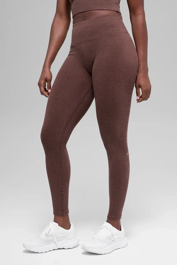Naadloze High-Waist Legging met tweekleurige ribbel – Brownstone Heather