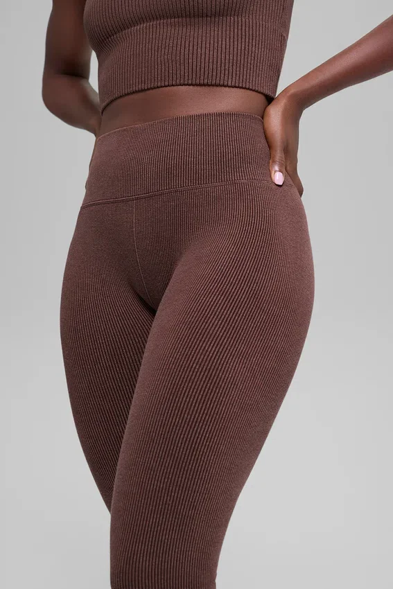 Naadloze High-Waist Legging met tweekleurige ribbel – Brownstone Heather