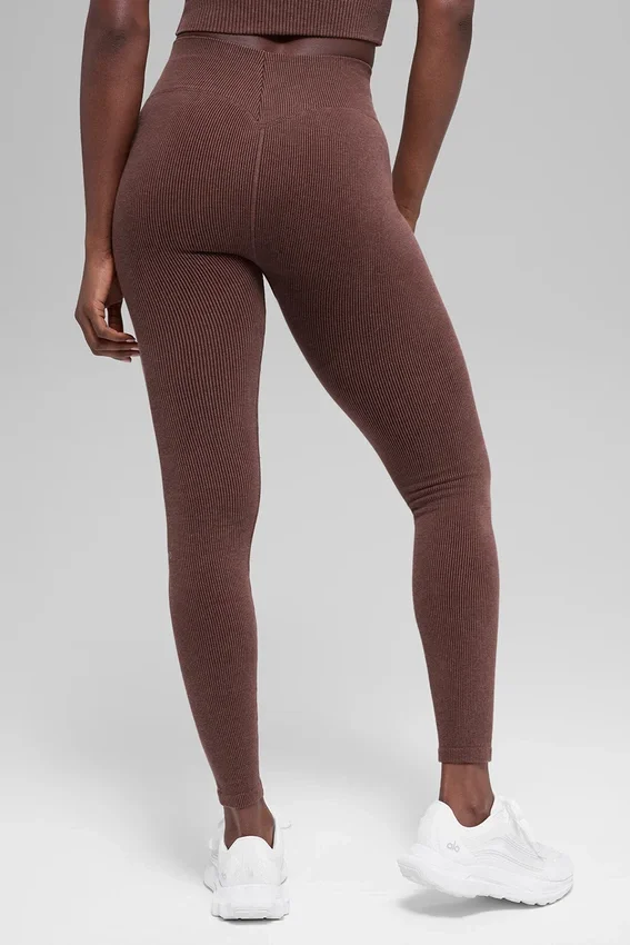 Naadloze High-Waist Legging met tweekleurige ribbel – Brownstone Heather