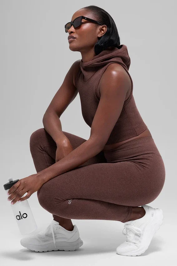 Naadloze High-Waist Legging met tweekleurige ribbel – Brownstone Heather