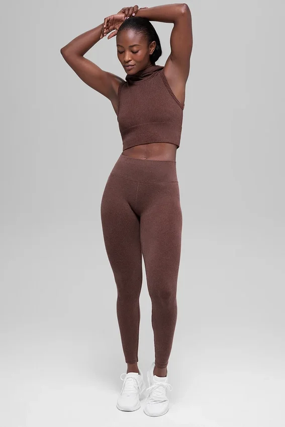 Naadloze High-Waist Legging met tweekleurige ribbel – Brownstone Heather