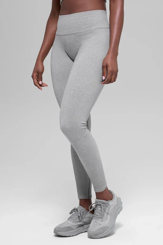 Naadloze High-Waist Legging met tweekleurige ribbel – Light Misty Grey Heather