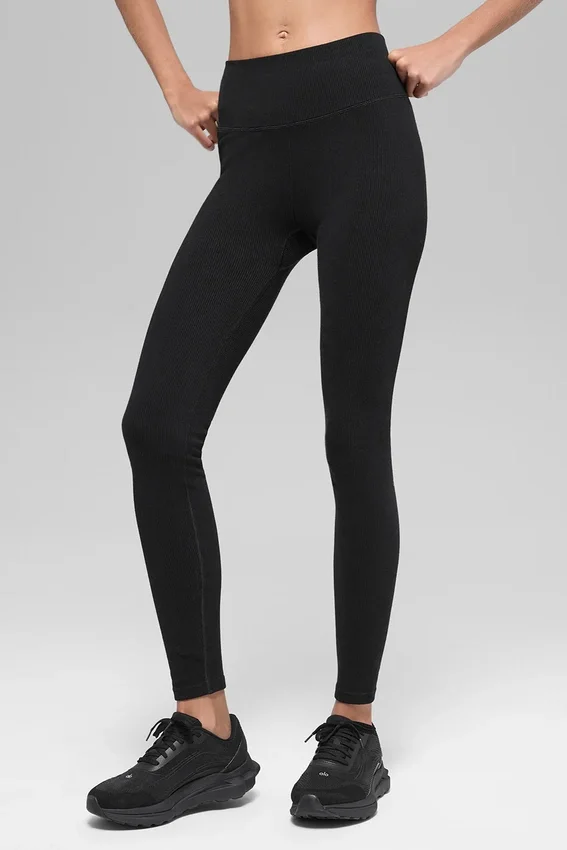 Naadloze High-Waist Legging met tweekleurige ribbel – Zwart