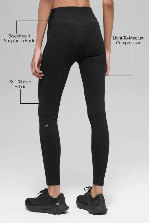 Naadloze High-Waist Legging met tweekleurige ribbel – Zwart
