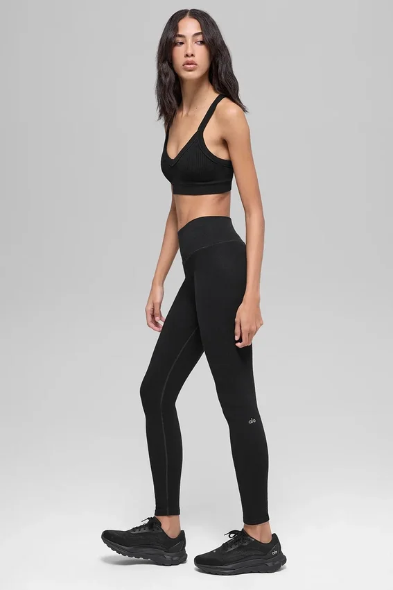Naadloze High-Waist Legging met tweekleurige ribbel – Zwart