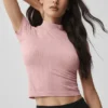 Naadloze Pointelle-top met hoge kraag en korte mouwen – Vintage Pink