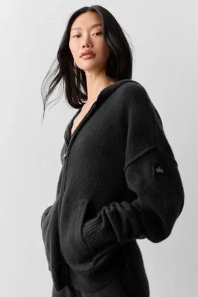 New Class-hoodie met volledige rits van wol en kasjmier – Zwart