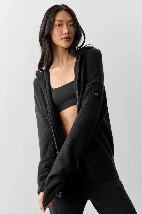 New Class-hoodie met volledige rits van wol en kasjmier - Zwart