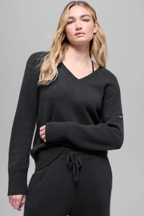 New Class oversized trui met V-hals van wol en kasjmier - Zwart