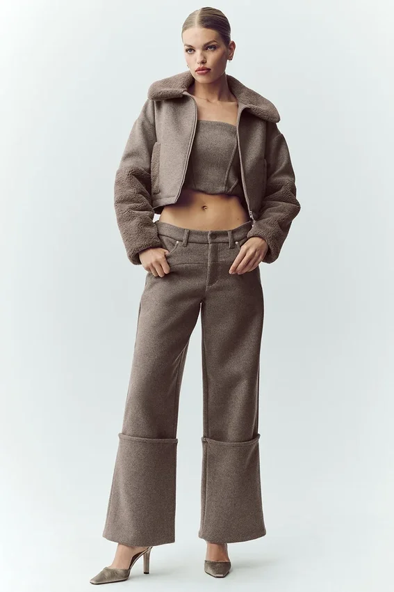 Nightcap-broek met wijde pijpen van wolmix – Alpine Cocoa Heather