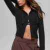 Noble geribde hoodie met volledige rits van wol en kasjmier - Zwart