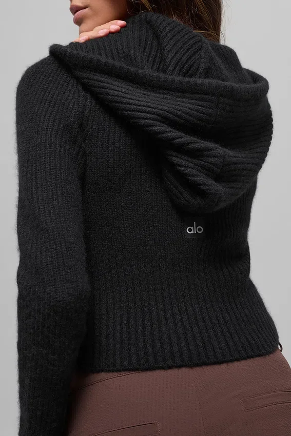 Noble geribde hoodie met volledige rits van wol en kasjmier - Zwart