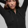 Noble geribde hoodie met volledige rits van wol en kasjmier - Zwart