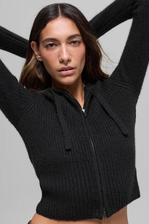 Noble geribde hoodie met volledige rits van wol en kasjmier - Zwart