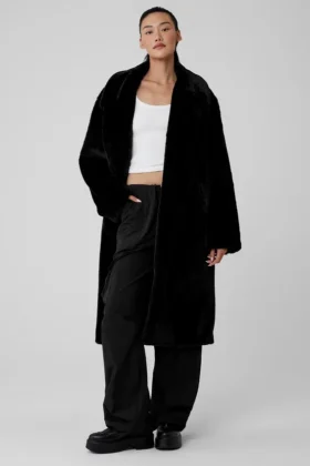 Oversized trenchcoat van imitatiebont - Zwart