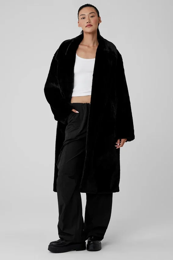 Oversized trenchcoat van imitatiebont - Zwart