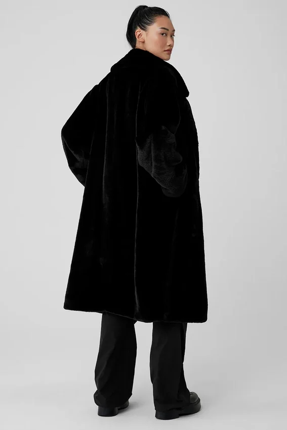 Oversized trenchcoat van imitatiebont - Zwart