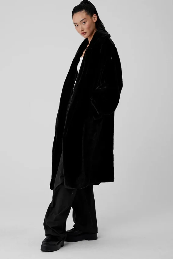 Oversized trenchcoat van imitatiebont - Zwart