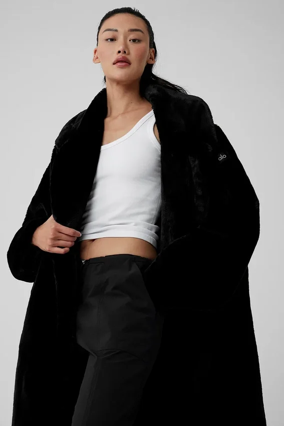 Oversized trenchcoat van imitatiebont - Zwart