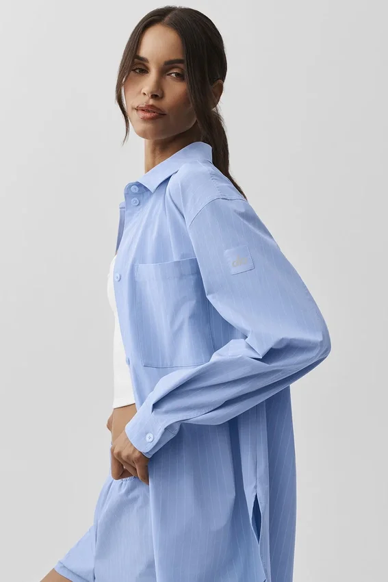 Pinstripe Daylight overhemd met lange mouwen en knopen – Licht Provence-blauw/wit