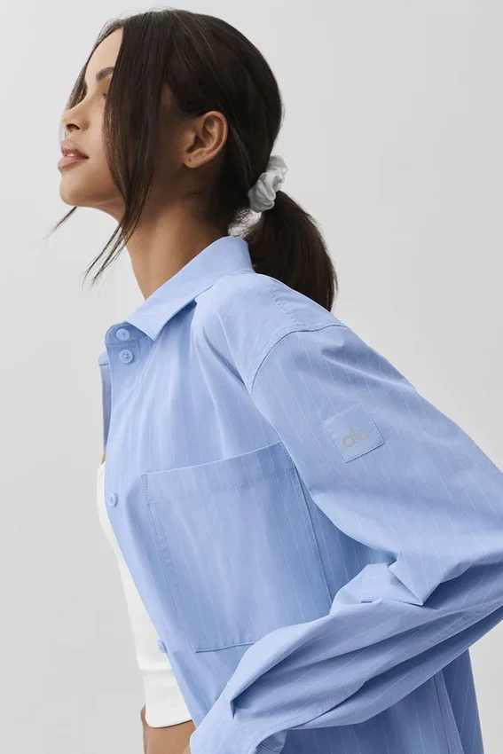 Pinstripe Daylight overhemd met lange mouwen en knopen – Licht Provence-blauw/wit