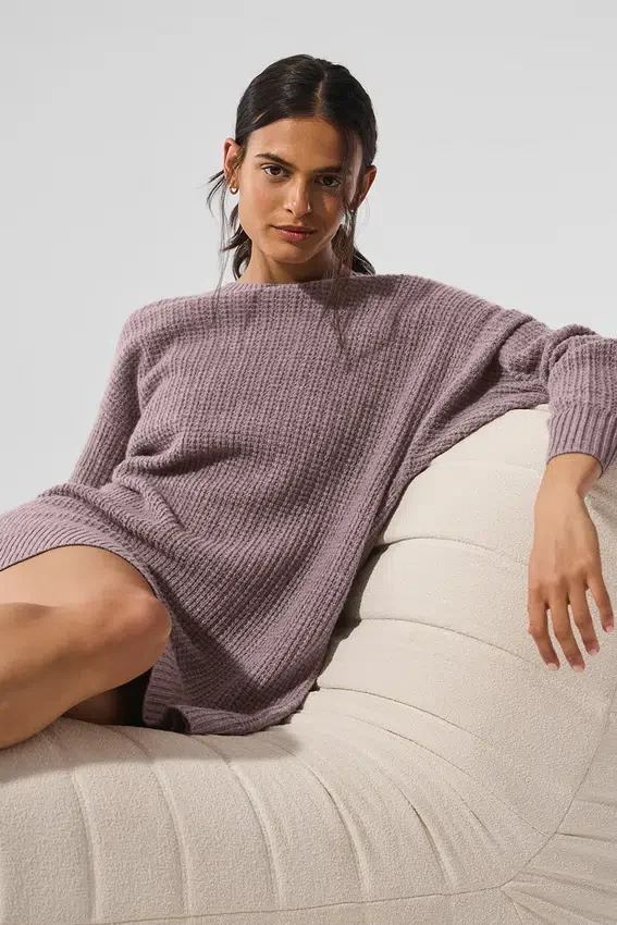 Pluche kasjmier jurk met wafelstructuur - Mushroom Heather