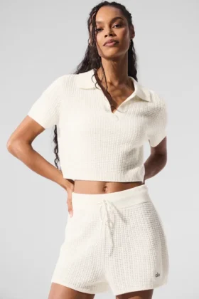 Pluche kasjmier polo-T-shirt met wafelstructuur - Ivoor