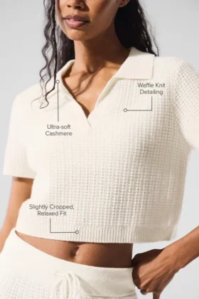 Pluche kasjmier polo-T-shirt met wafelstructuur – Ivoor