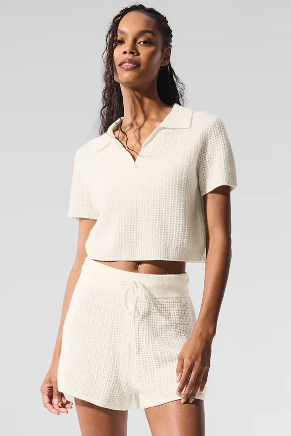 Pluche kasjmier polo-T-shirt met wafelstructuur - Ivoor