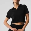 Pluche polo-T-shirt met wafelpatroon van kasjmier – Zwart