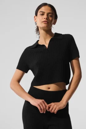 Pluche polo-T-shirt met wafelpatroon van kasjmier – Zwart