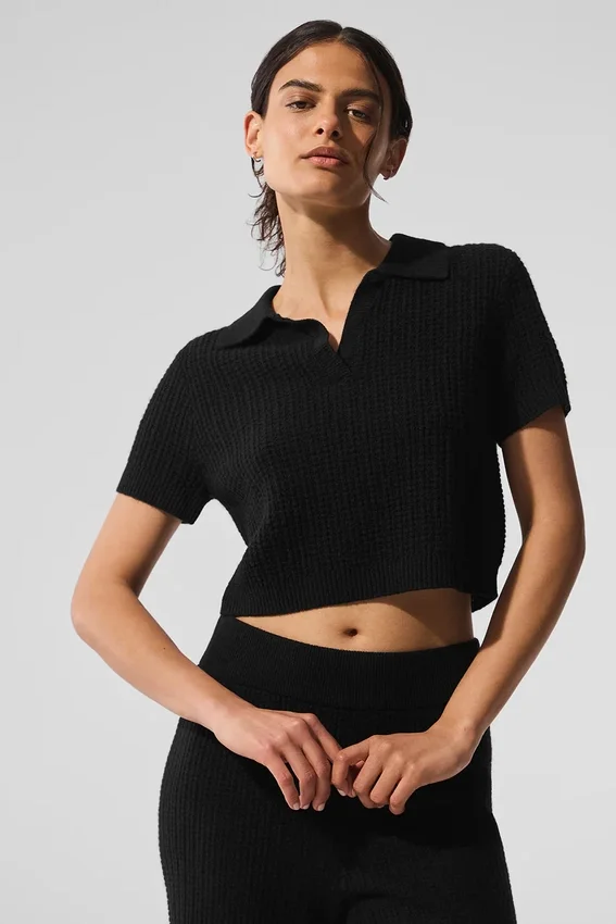 Pluche polo-T-shirt met wafelpatroon van kasjmier – Zwart