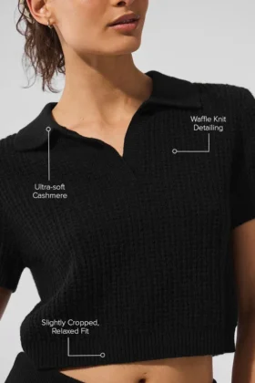 Pluche polo-T-shirt met wafelpatroon van kasjmier – Zwart