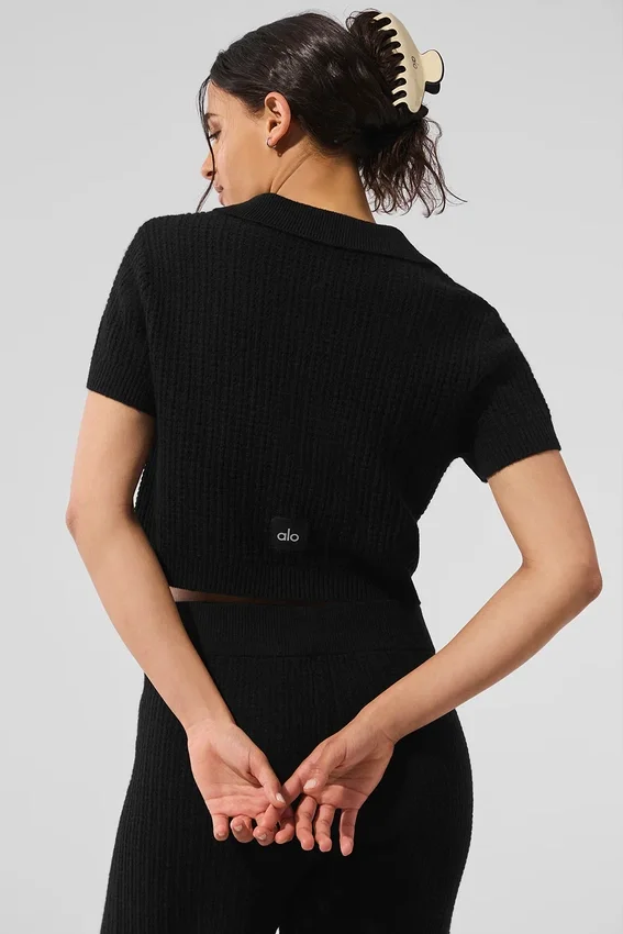 Pluche polo-T-shirt met wafelpatroon van kasjmier – Zwart