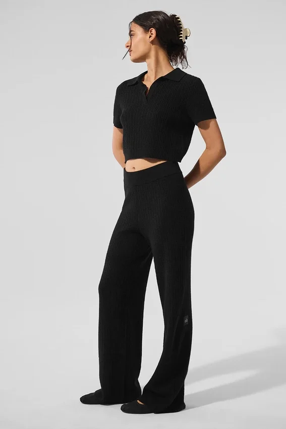 Pluche polo-T-shirt met wafelpatroon van kasjmier – Zwart