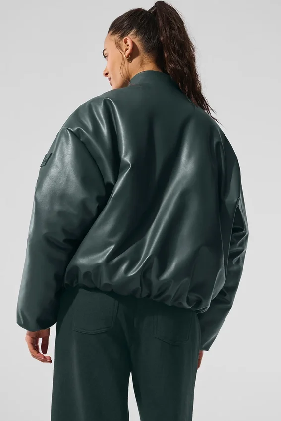 Premier-bomberjack van imitatieleer - Charcoal Green