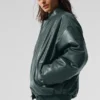 Premier-bomberjack van imitatieleer - Charcoal Green