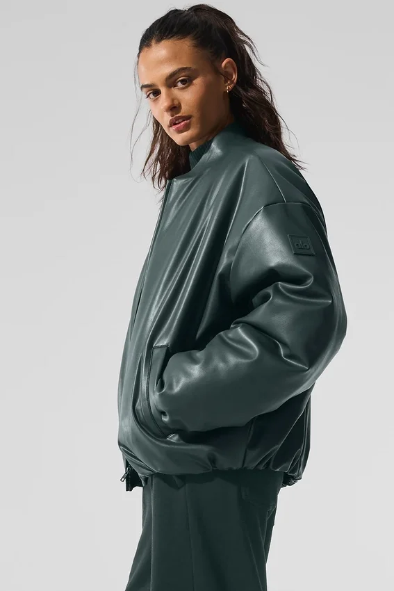 Premier-bomberjack van imitatieleer - Charcoal Green