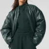 Premier-bomberjack van imitatieleer - Charcoal Green