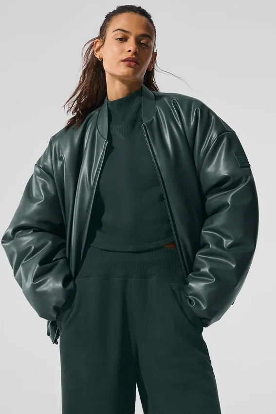 Premier-bomberjack van imitatieleer - Charcoal Green