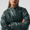 Premier-bomberjack van imitatieleer - Charcoal Green