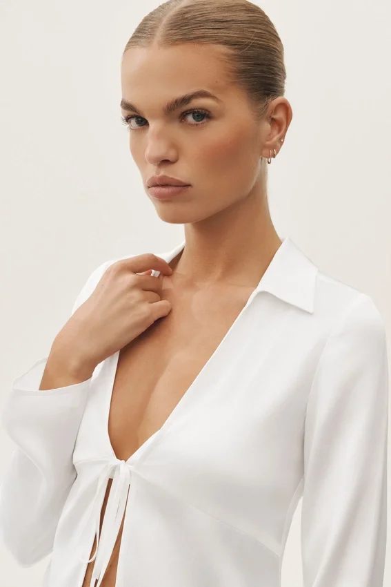 Radiance-top met lange mouwen van zijden mix - Wit